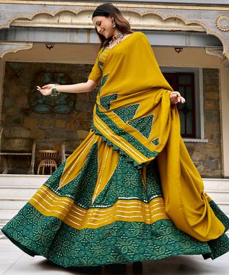 navratri special ajrakh printed rayon lehenga choli with gota patti lace - free size 2