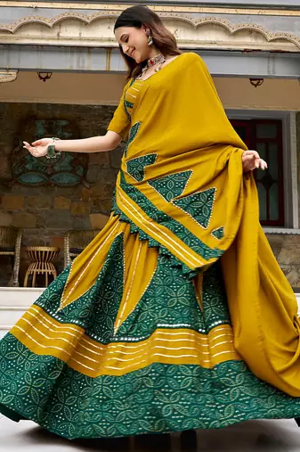 navratri special ajrakh printed rayon lehenga choli with gota patti lace - free size