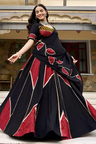 navratri special ajrakh printed rayon lehenga choli with gota patti lace - free size