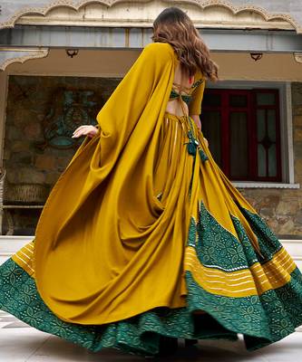 navratri special ajrakh printed rayon lehenga choli with gota patti lace - free size 3