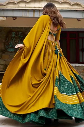 navratri special ajrakh printed rayon lehenga choli with gota patti lace - free size