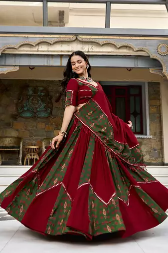 navratri special ajrakh printed rayon lehenga choli with gota patti lace - free size