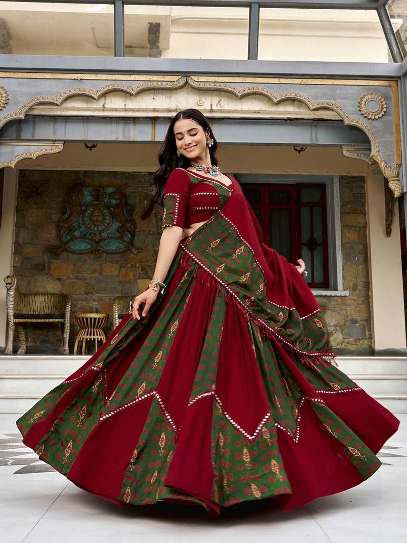 navratri special ajrakh printed rayon lehenga choli with gota patti lace - free size