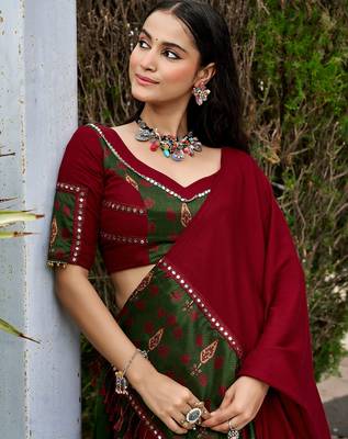 navratri special ajrakh printed rayon lehenga choli with gota patti lace - free size 2