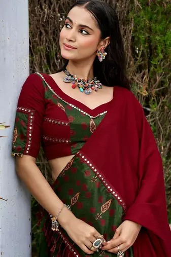 navratri special ajrakh printed rayon lehenga choli with gota patti lace - free size