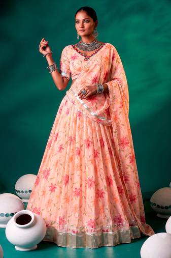 Navratri Special Floral Printed Tabby Silk Stitched Free Size Lehenga Choli