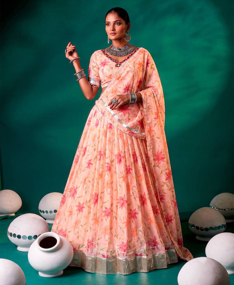 Navratri Special Floral Printed Tabby Silk Stitched Free Size Lehenga Choli