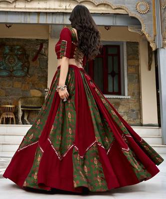 navratri special ajrakh printed rayon lehenga choli with gota patti lace - free size 3