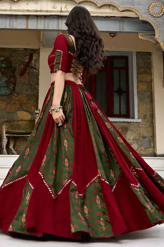 navratri special ajrakh printed rayon lehenga choli with gota patti lace - free size