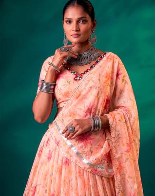 Navratri Special Floral Printed Tabby Silk Stitched Free Size Lehenga Choli 2