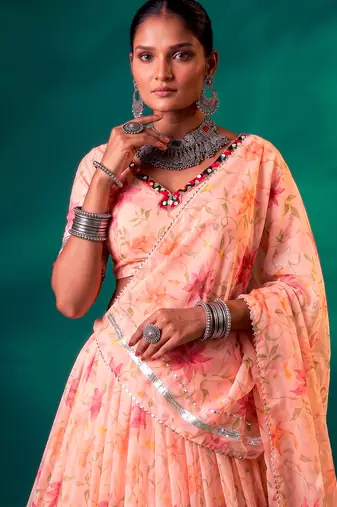 Navratri Special Floral Printed Tabby Silk Stitched Free Size Lehenga Choli