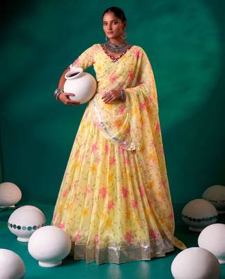Navratri Special Floral Printed Tabby Silk Stitched Free Size Lehenga Choli 1