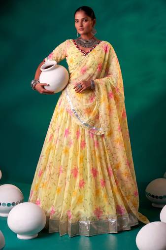 Navratri Special Floral Printed Tabby Silk Stitched Free Size Lehenga Choli