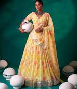 Navratri Special Floral Printed Tabby Silk Stitched Free Size Lehenga Choli