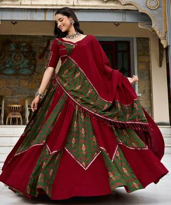 navratri special ajrakh printed rayon lehenga choli with gota patti lace - free size 4