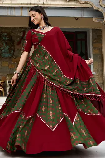 navratri special ajrakh printed rayon lehenga choli with gota patti lace - free size