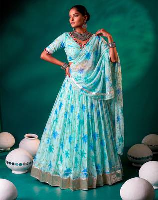 Navratri Special Floral Printed Tabby Silk Stitched Free Size Lehenga Choli 1