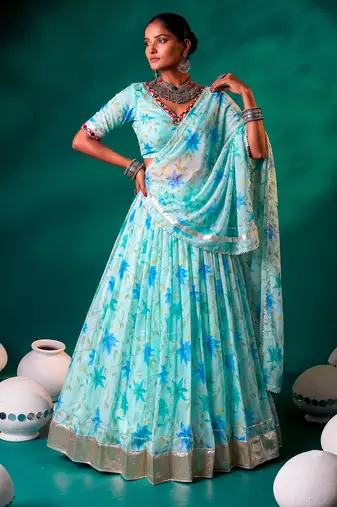 Navratri Special Floral Printed Tabby Silk Stitched Free Size Lehenga Choli