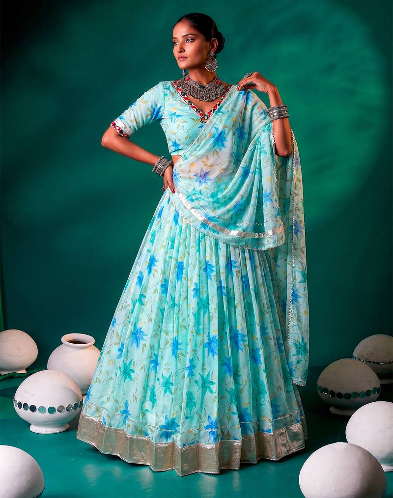 Navratri Special Floral Printed Tabby Silk Stitched Free Size Lehenga Choli