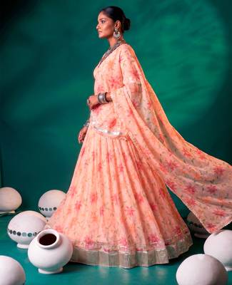 Navratri Special Floral Printed Tabby Silk Stitched Free Size Lehenga Choli 4