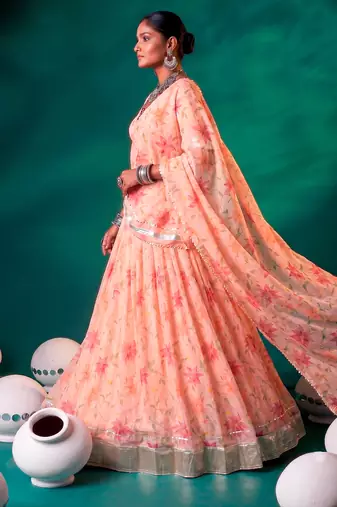 Navratri Special Floral Printed Tabby Silk Stitched Free Size Lehenga Choli
