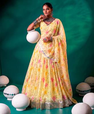 Navratri Special Floral Printed Tabby Silk Stitched Free Size Lehenga Choli 4