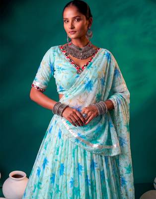 Navratri Special Floral Printed Tabby Silk Stitched Free Size Lehenga Choli 2