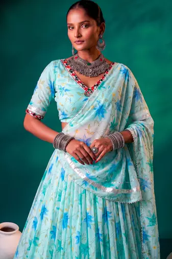Navratri Special Floral Printed Tabby Silk Stitched Free Size Lehenga Choli