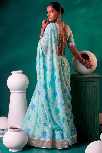 Navratri Special Floral Printed Tabby Silk Stitched Free Size Lehenga Choli