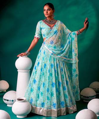 Navratri Special Floral Printed Tabby Silk Stitched Free Size Lehenga Choli 4