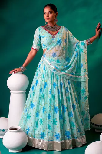 Navratri Special Floral Printed Tabby Silk Stitched Free Size Lehenga Choli