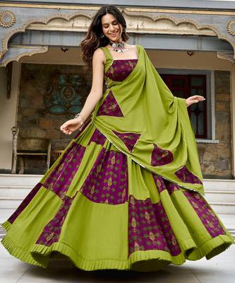 navratri special ajrakh printed rayon lehenga choli with gota patti lace - free size 1
