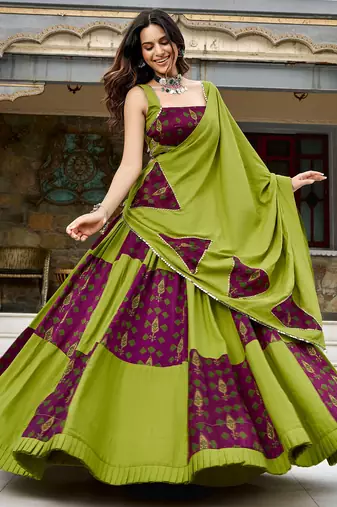 navratri special ajrakh printed rayon lehenga choli with gota patti lace - free size
