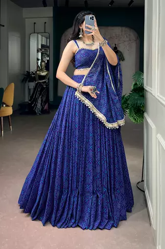 women royal blue bandhej printed georgette lehenga choli with dupatta - free size