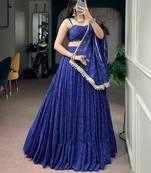 women royal blue bandhej printed georgette lehenga choli with dupatta - free size