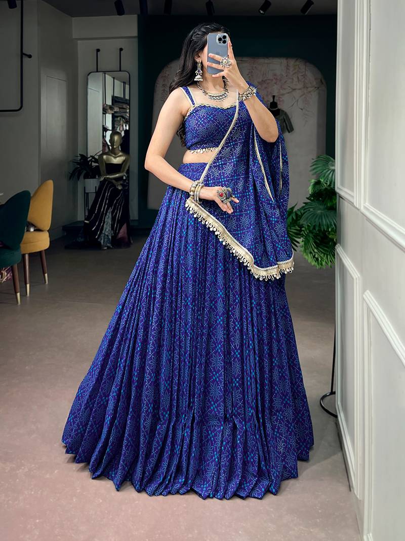 women royal blue bandhej printed georgette lehenga choli with dupatta - free size
