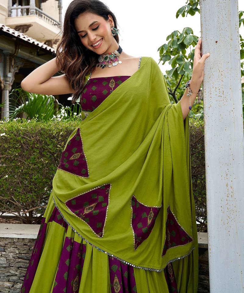 navratri special ajrakh printed rayon lehenga choli with gota patti lace - free size