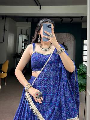 women royal blue bandhej printed georgette lehenga choli with dupatta - free size 2