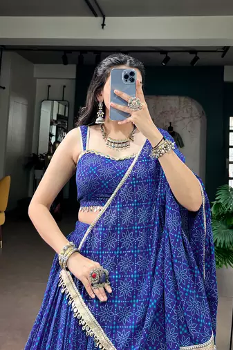women royal blue bandhej printed georgette lehenga choli with dupatta - free size