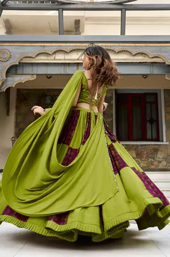 navratri special ajrakh printed rayon lehenga choli with gota patti lace - free size
