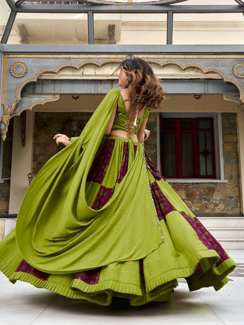 navratri special ajrakh printed rayon lehenga choli with gota patti lace - free size