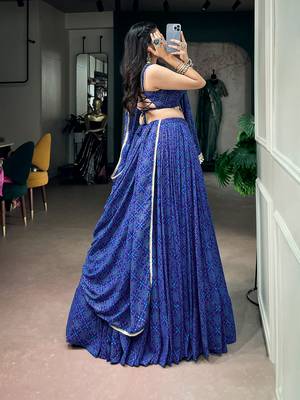 women royal blue bandhej printed georgette lehenga choli with dupatta - free size 3