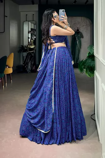 women royal blue bandhej printed georgette lehenga choli with dupatta - free size