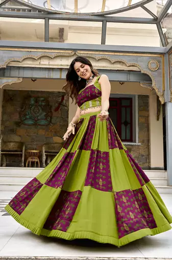 navratri special ajrakh printed rayon lehenga choli with gota patti lace - free size