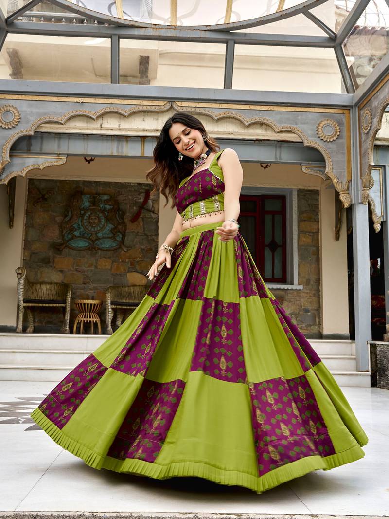navratri special ajrakh printed rayon lehenga choli with gota patti lace - free size