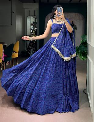 women royal blue bandhej printed georgette lehenga choli with dupatta - free size 4