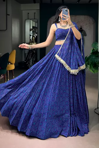 women royal blue bandhej printed georgette lehenga choli with dupatta - free size