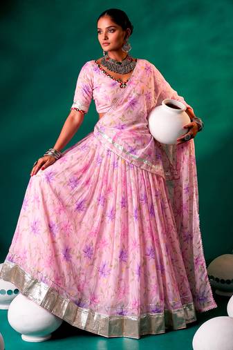 Navratri Special Floral Printed Tabby Silk Stitched Free Size Lehenga Choli