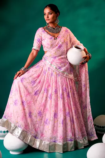 Navratri Special Floral Printed Tabby Silk Stitched Free Size Lehenga Choli