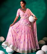 Navratri Special Floral Printed Tabby Silk Stitched Free Size Lehenga Choli